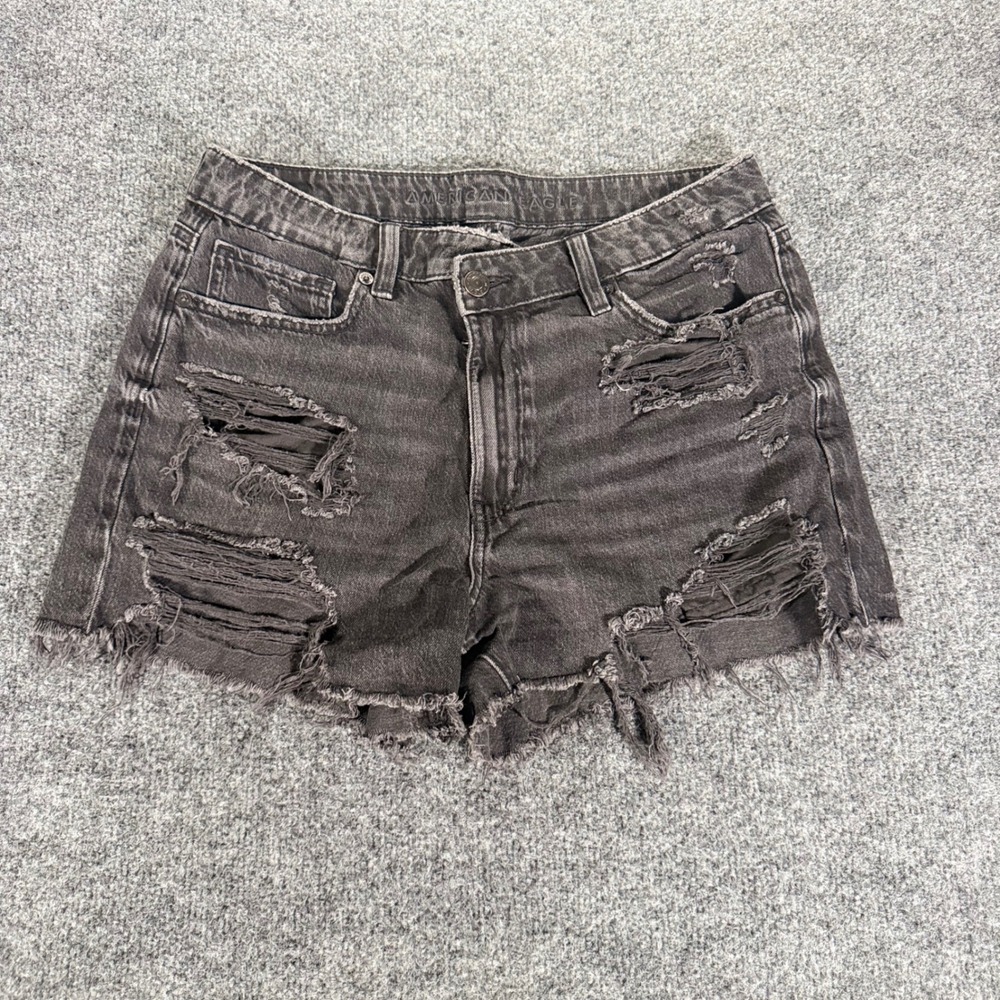 American Eagle Denim Shorts Womens 8 Black Distressed Ripped Raw Hem‎ High Waist